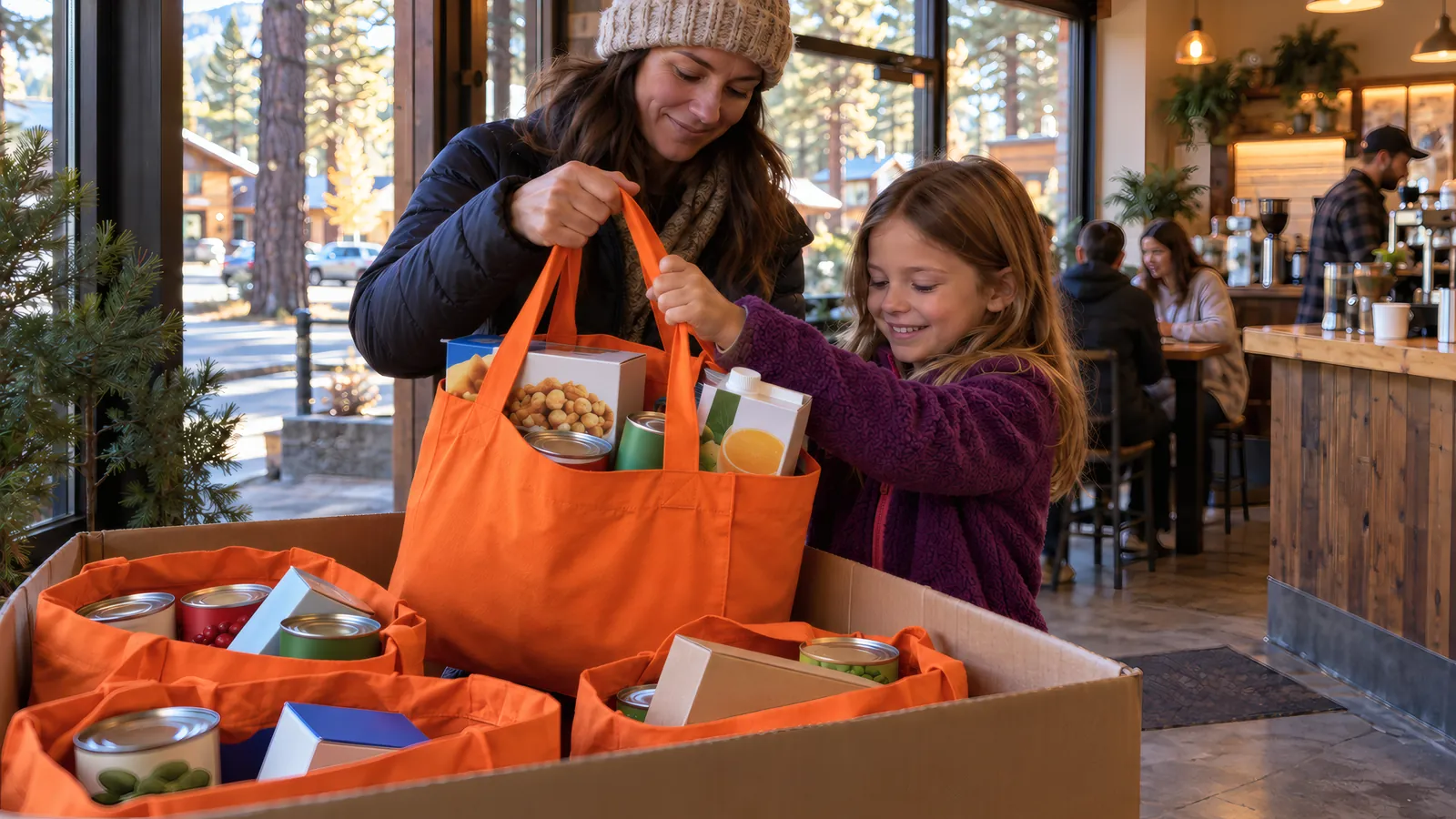 A mother and her daughter lower a full orange tote of Thanksgiving groceries into a collection box at a café