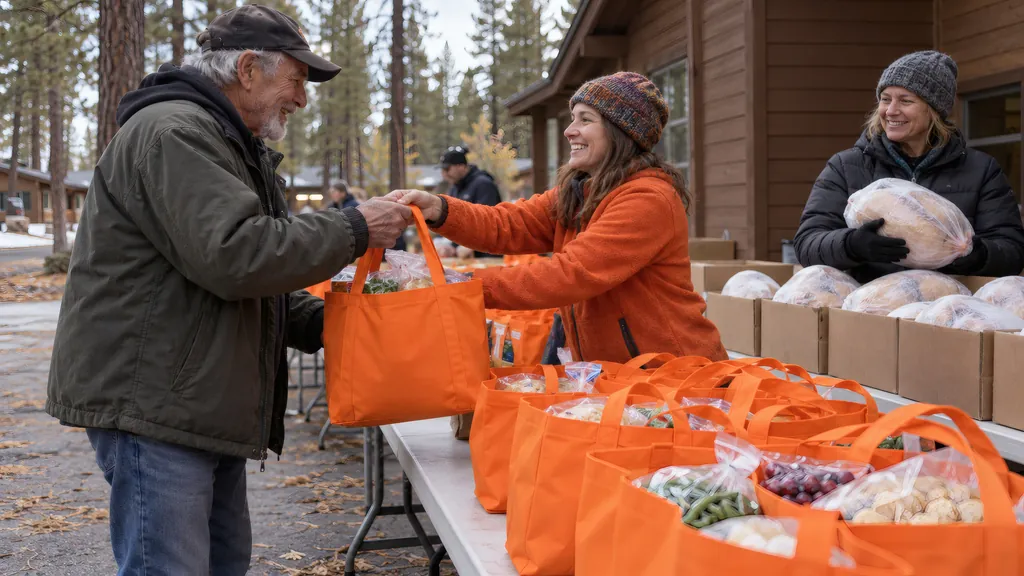 At a folding table among the pines, a volunteer hands a full orange tote to a smiling older man; frozen turkeys wait in boxes
