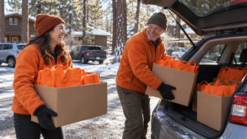 Two volunteers in orange fleeces load boxes of filled tote bags into a car on a snowy morning