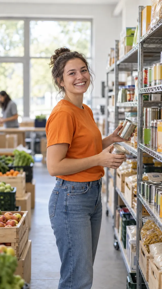 A smiling volunteer in an orange shirt stocking a pantry shelf